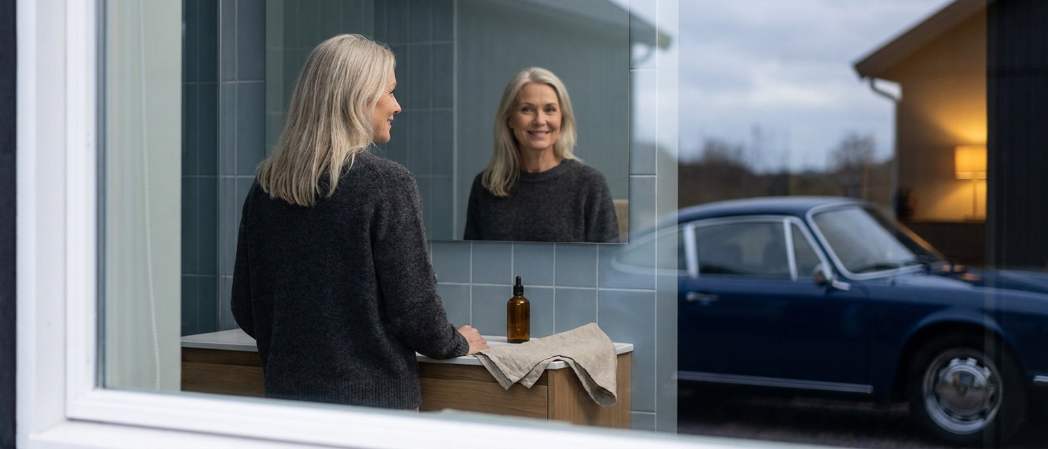 Femme mature observant sa peau devant le miroir de sa salle de bain