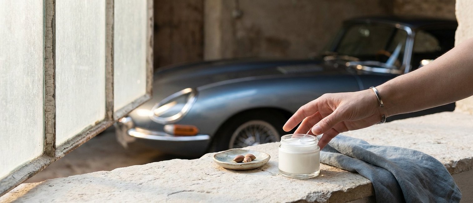 Pot de crème hydratante visage posé sur une surface claire avec un linge en lin