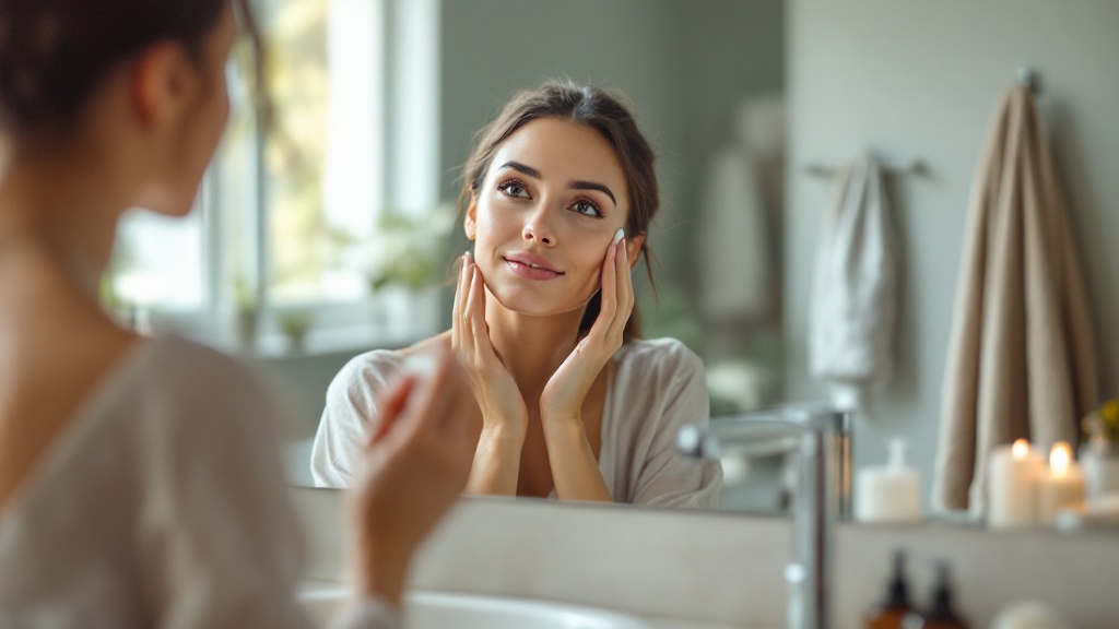 Une femme regarde son reflet dans un miroir tout en touchant son visage, dans une salle de bain lumineuse avec des serviettes et des bougies en arrière-plan.